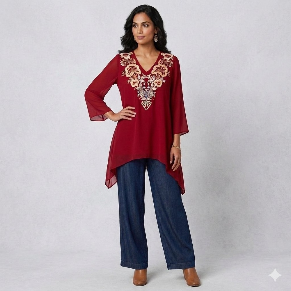 Tunique Women's Red Embroidered V Neck 3/4 Sleeve Tunic Top Boho Size S NWT